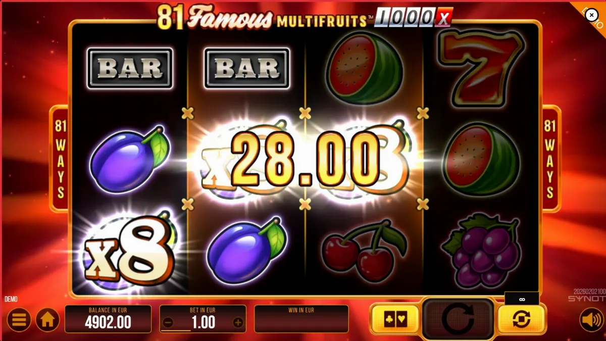 Interface do jogo 81 Famous Multifruits 1000 com símbolos de frutas e luzes neon